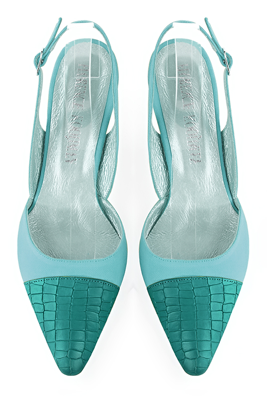 Aquamarine blue women's slingback shoes. Tapered toe. Medium spool heels. Top view - Florence KOOIJMAN